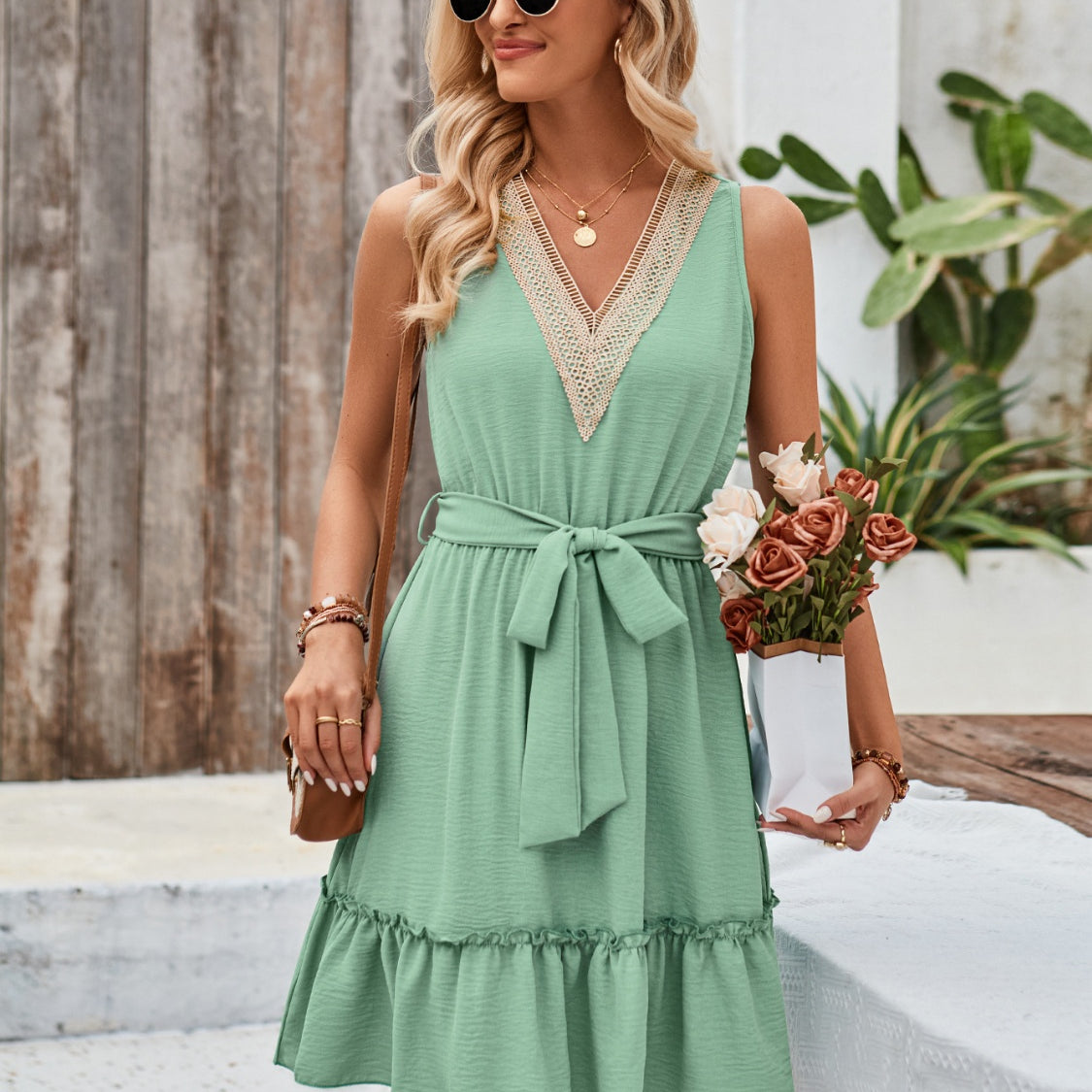 Tied Frill Sleeveless Mini Dress
