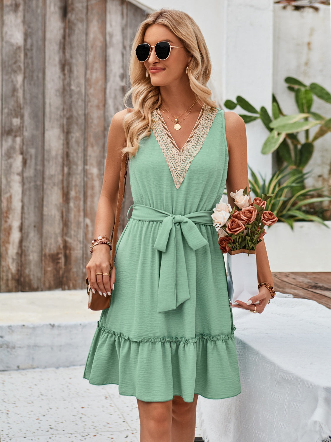 Tied Frill Sleeveless Mini Dress
