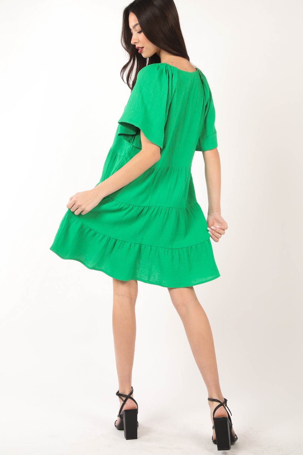 VERY J Texture V-Neck Ruffled Tiered Dress
