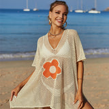 Openwork Flower V-Neck Short Sleeve Cover Up
