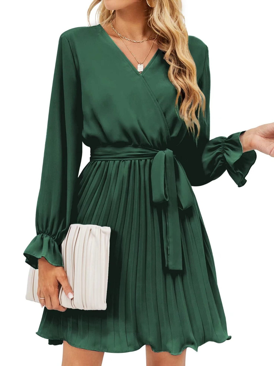 Surplice Flounce Sleeve Pleated Mini Dress
