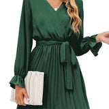 Surplice Flounce Sleeve Pleated Mini Dress
