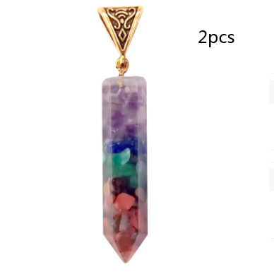 Seven Chakra Natural Crushed Stone Hexagon Column Necklace Aura Pendant
