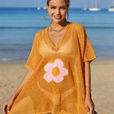 Openwork Flower V-Neck Short Sleeve Cover Up
