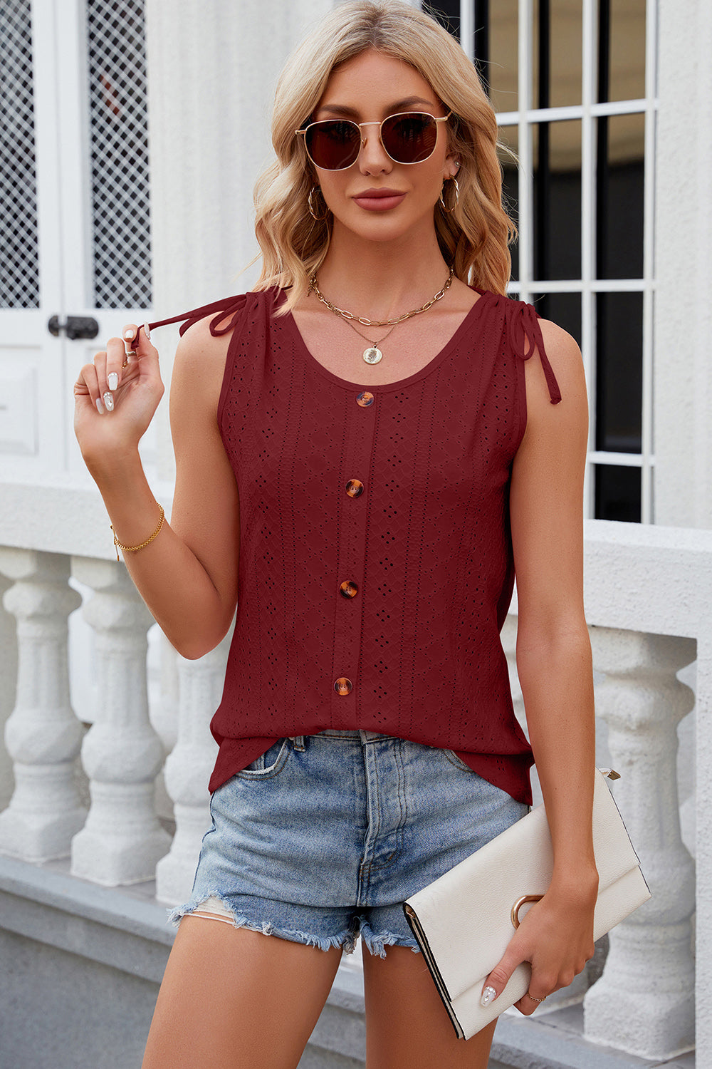 Eyelet Round Neck Wide Strap Tank
