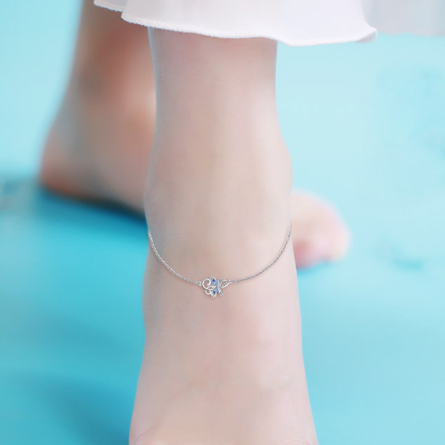 Sterling Silver Anklet with Elegant Crystal Blue Dragonfly
