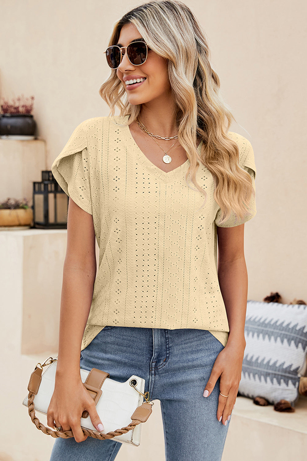 Eyelet V-Neck Petal Sleeve T-Shirt
