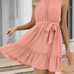 Ruched Grecian Neck Tie Waist Mini Dress
