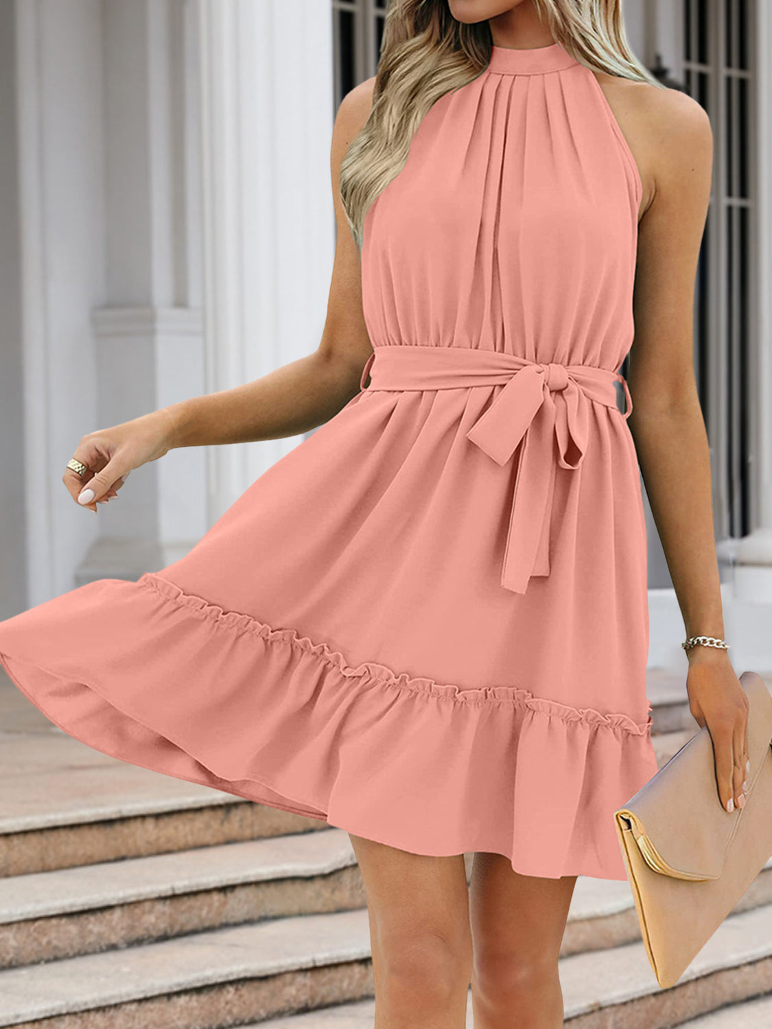 Ruched Grecian Neck Tie Waist Mini Dress
