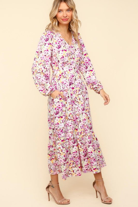 Haptics Full Size Floral V-Neck Long Sleeve Dress with Side Pockets
