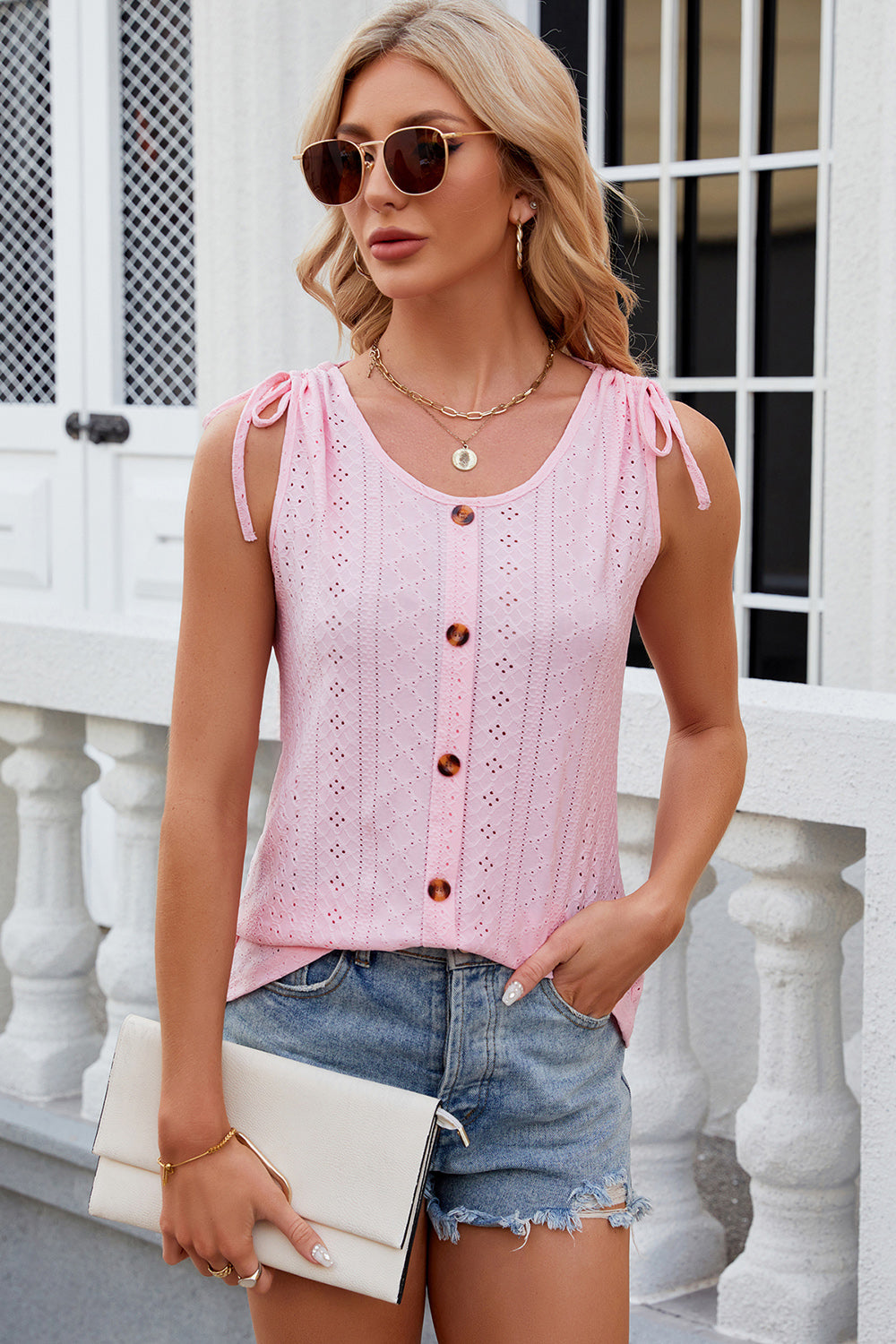 Eyelet Round Neck Wide Strap Tank
