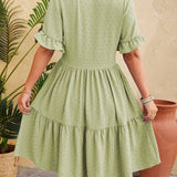 Swiss Dot Ruffled V-Neck Tiered Dress
