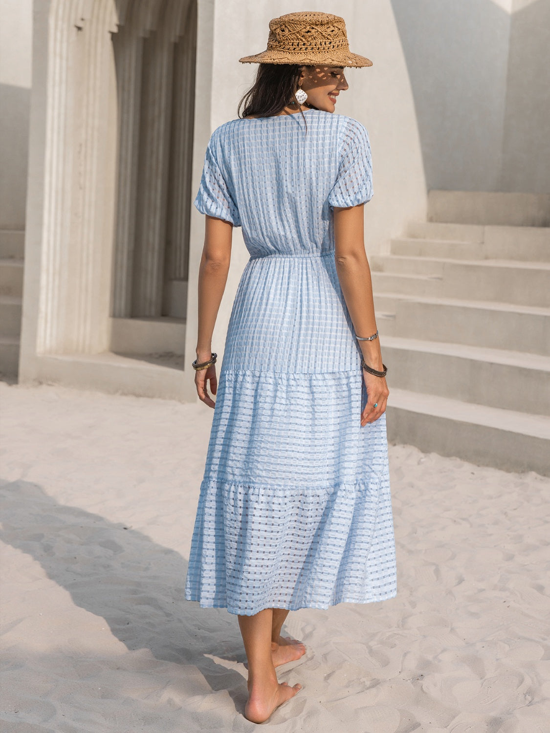 Tie Neck Balloon Sleeve Tiered Dress
