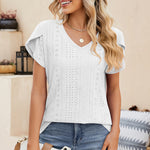 Eyelet V-Neck Petal Sleeve T-Shirt
