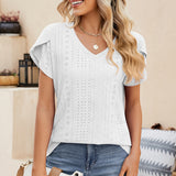 Eyelet V-Neck Petal Sleeve T-Shirt
