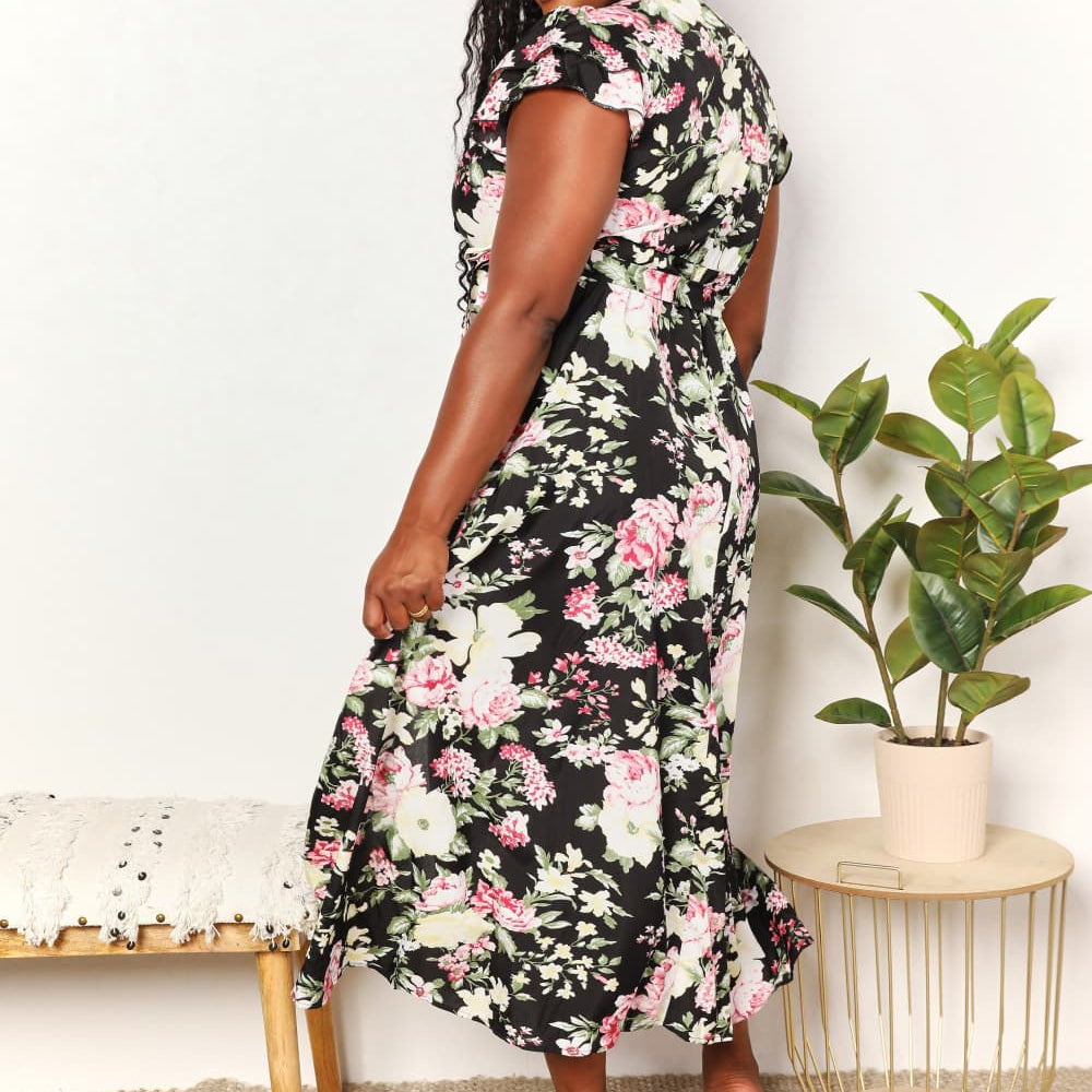 Double Take Floral Flutter Sleeve Tie-Waist Split Dress
