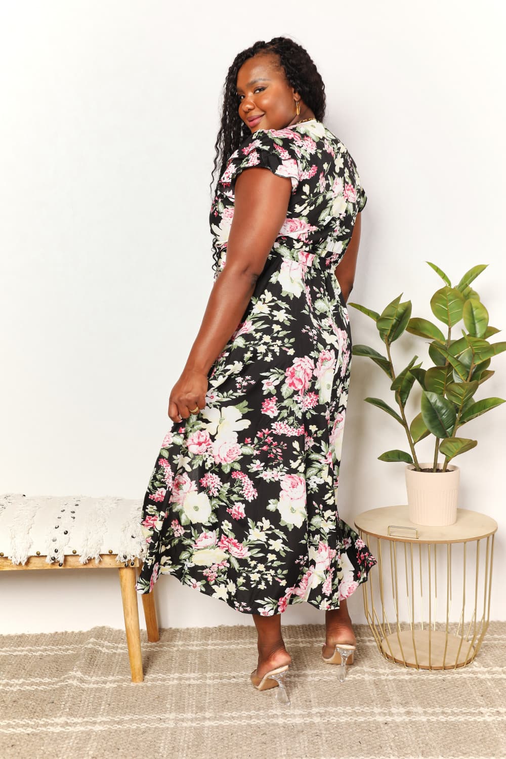 Double Take Floral Flutter Sleeve Tie-Waist Split Dress
