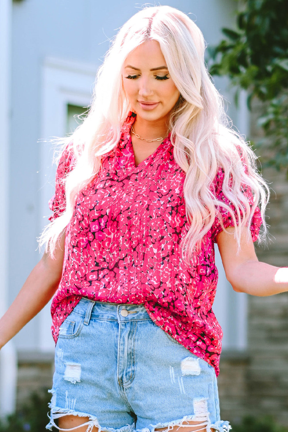 Printed Notched Short Sleeve Blouse
