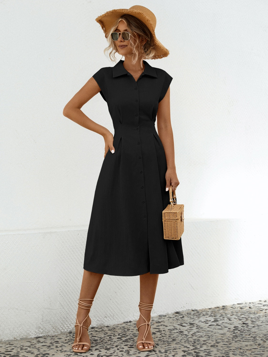 Button Up Cap Sleeve Midi Dress
