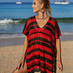 Tassel Openwork Striped V-Neck Cover Up
