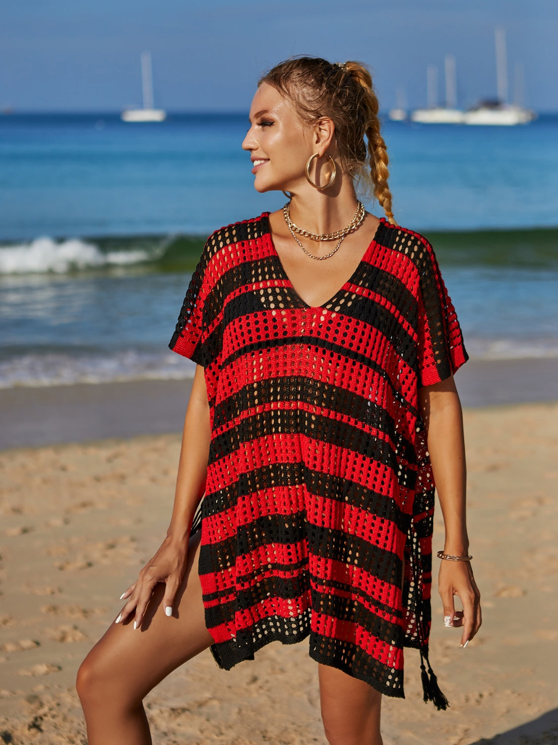 Tassel Openwork Striped V-Neck Cover Up
