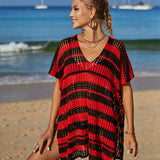 Tassel Openwork Striped V-Neck Cover Up
