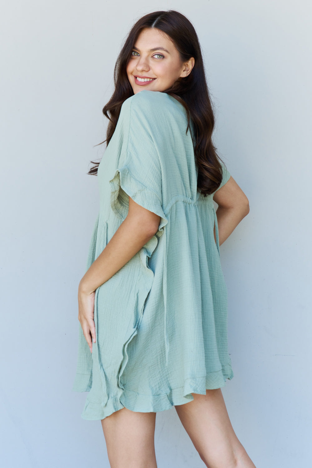 Ninexis Out Of Time Full Size Ruffle Hem Dress with Drawstring Waistband in Light Sage
