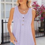 Eyelet Buttoned Round Neck Tank
