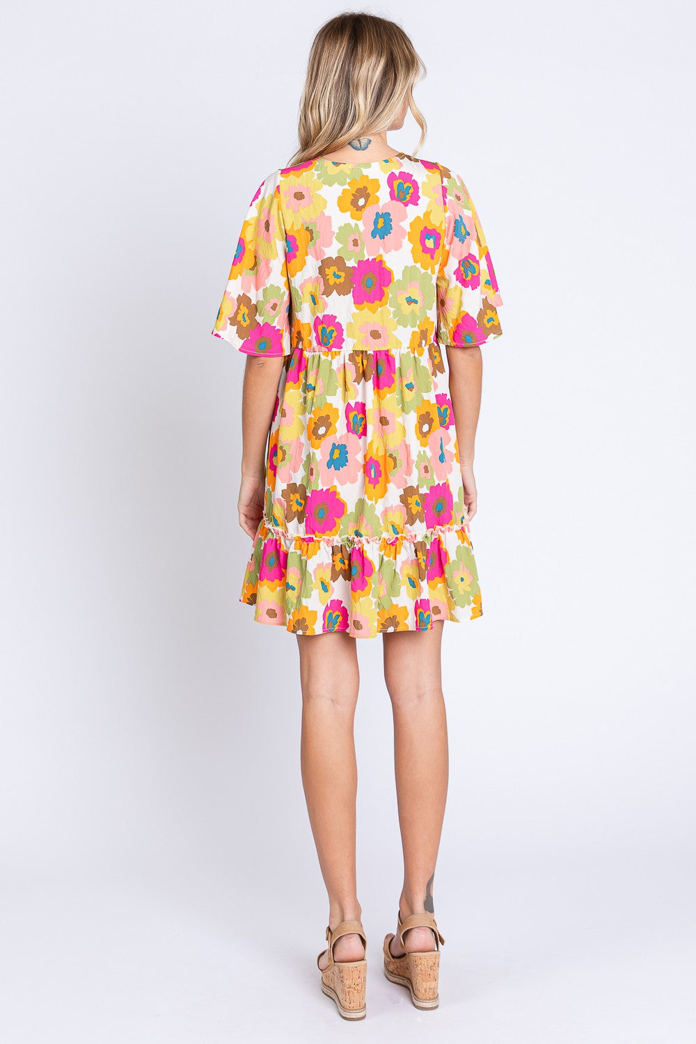 GeeGee Floral V-Neck Ruffle Hem Mini Dress
