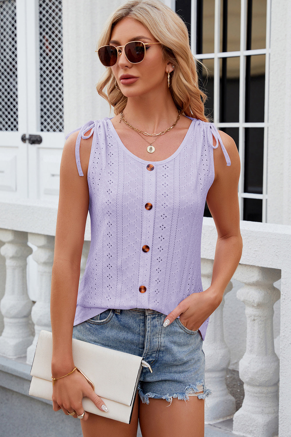 Eyelet Round Neck Wide Strap Tank
