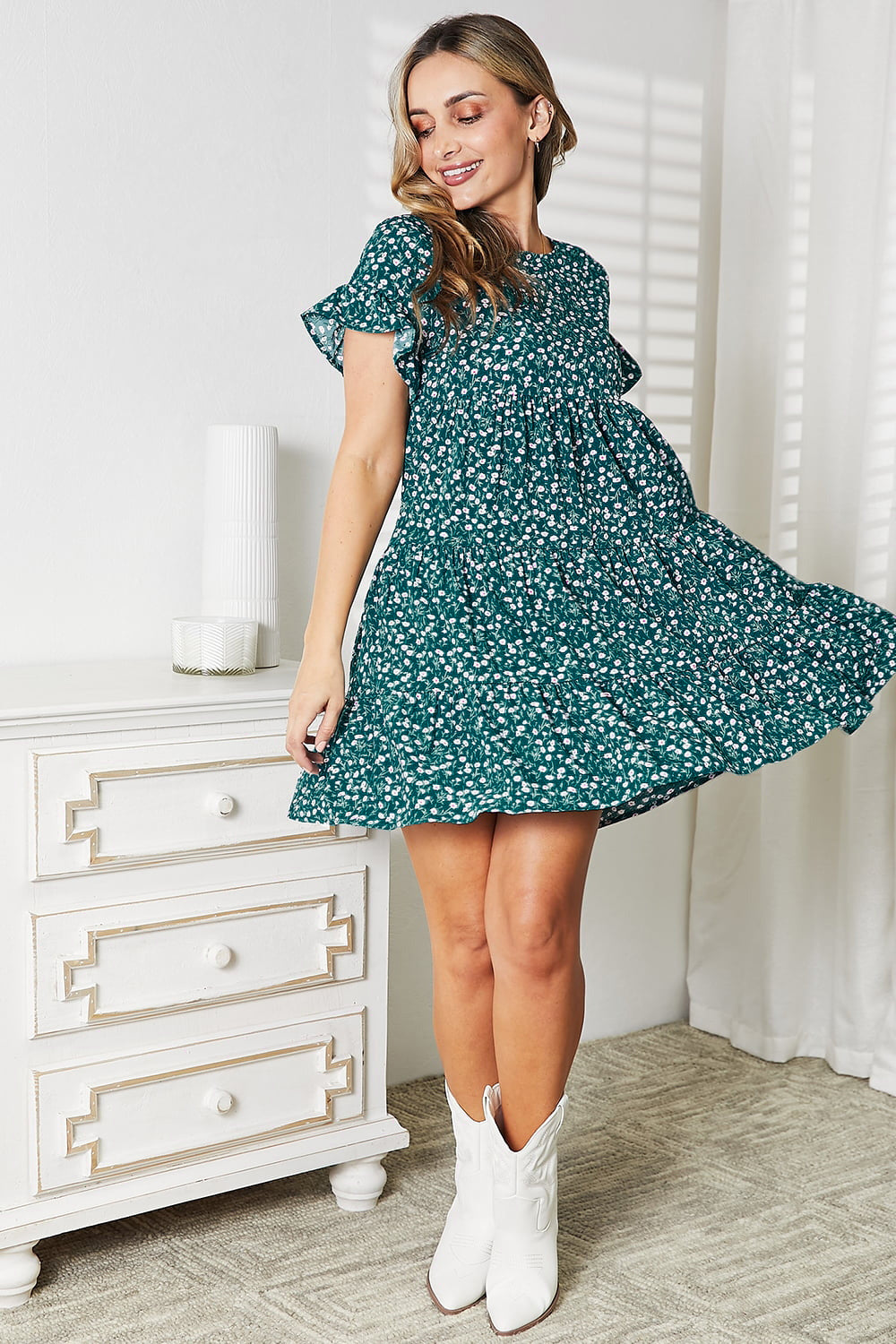 Double Take Short Flounce Sleeve Tiered Dress
