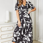 Double Take Printed Surplice Balloon Sleeve Dress
