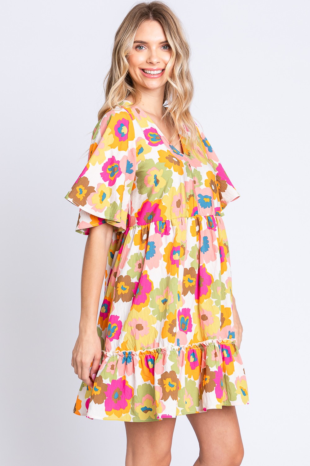 GeeGee Floral V-Neck Ruffle Hem Mini Dress
