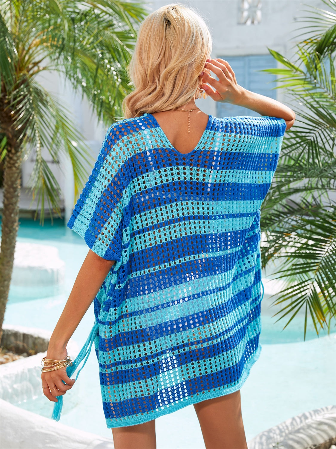 Tassel Openwork Striped V-Neck Cover Up
