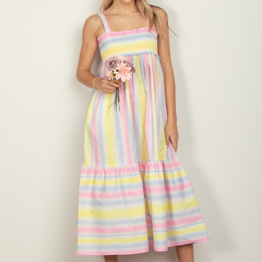 VERY J Striped Woven Smocked Midi Cami Dress
