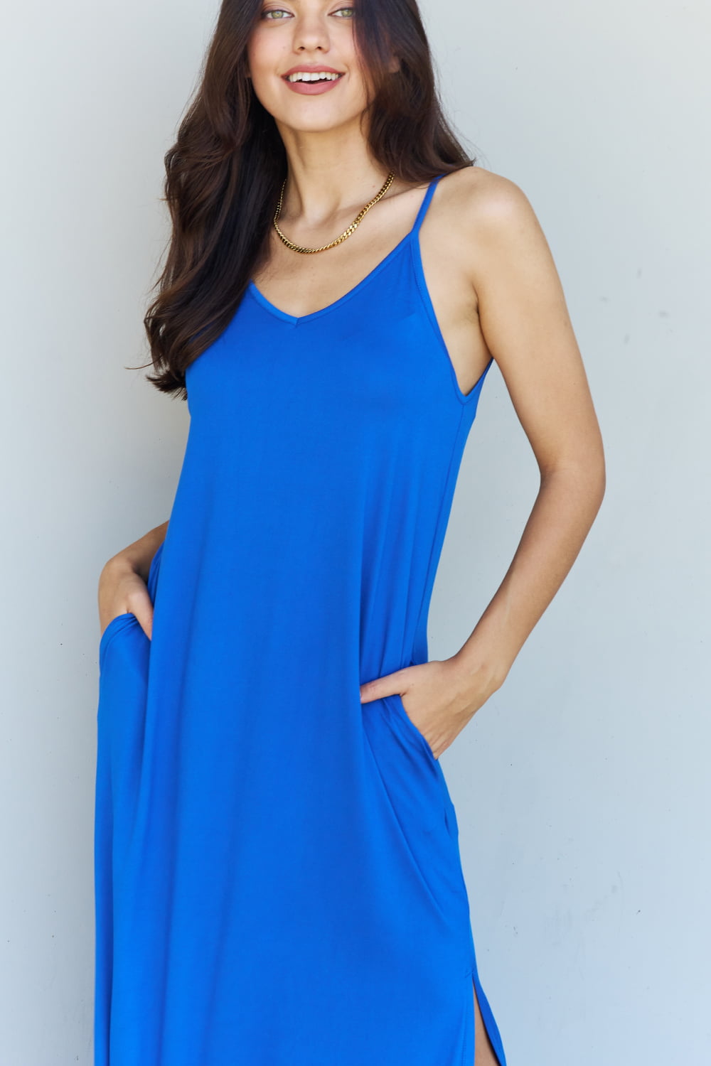 Ninexis Good Energy Full Size Cami Side Slit Maxi Dress in Royal Blue
