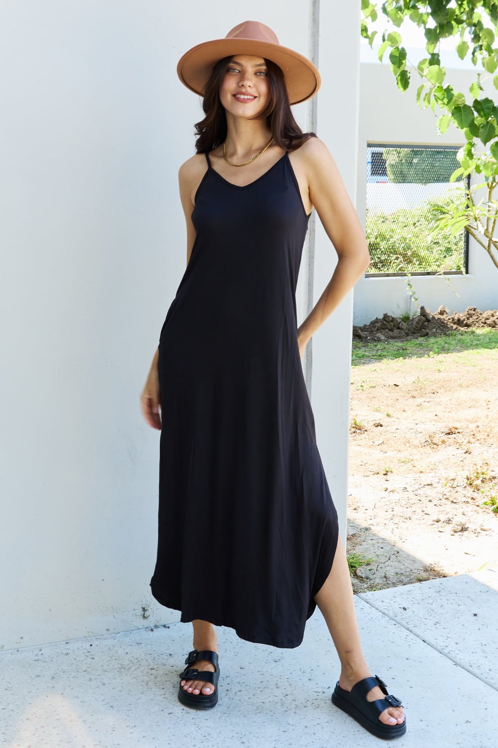 Ninexis Good Energy Full Size Cami Side Slit Maxi Dress in Black
