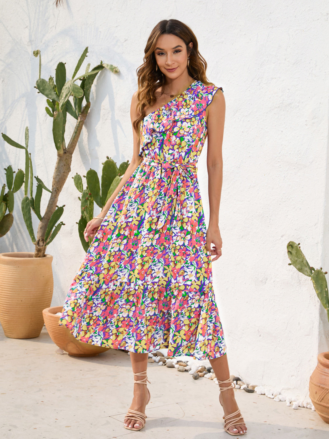 Ruffled Printed One Shoulder Midi Dress
