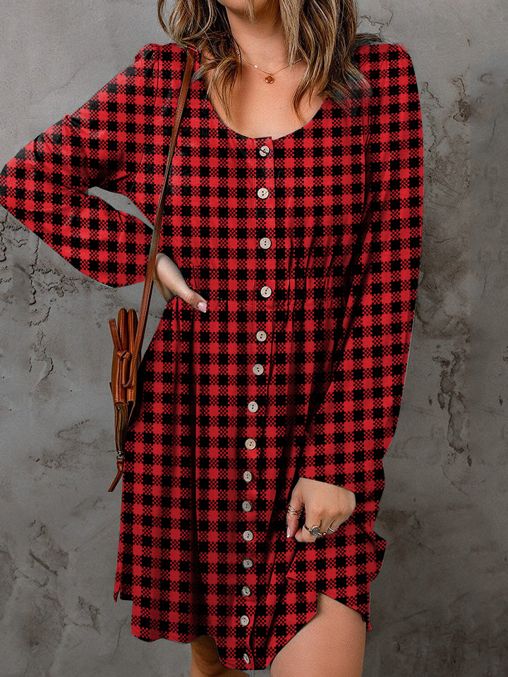 Double Take Full Size Plaid Round Neck Long Sleeve Magic Dress
