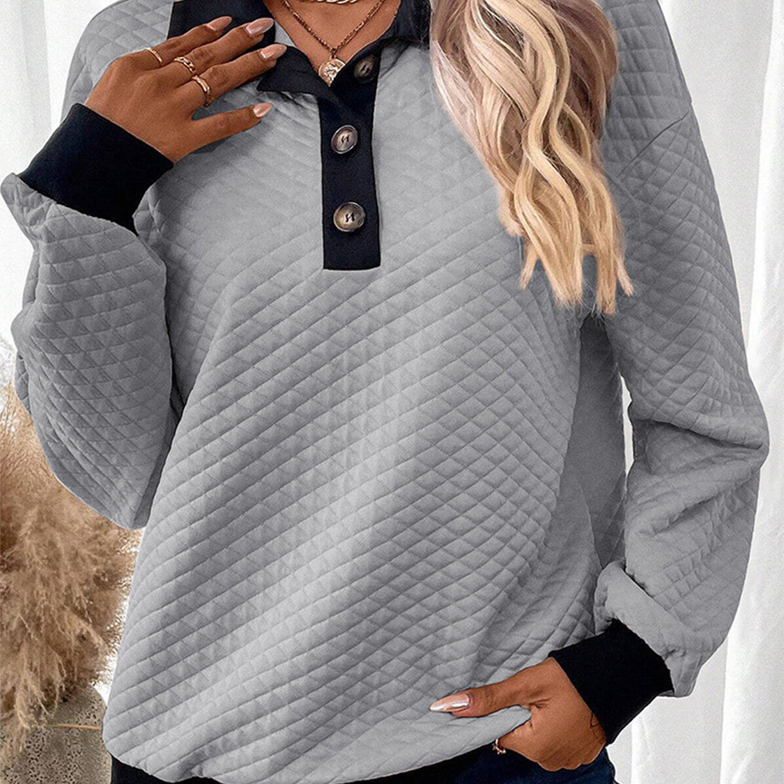 Texture Quarter Button Long Sleeve Sweatshirt
