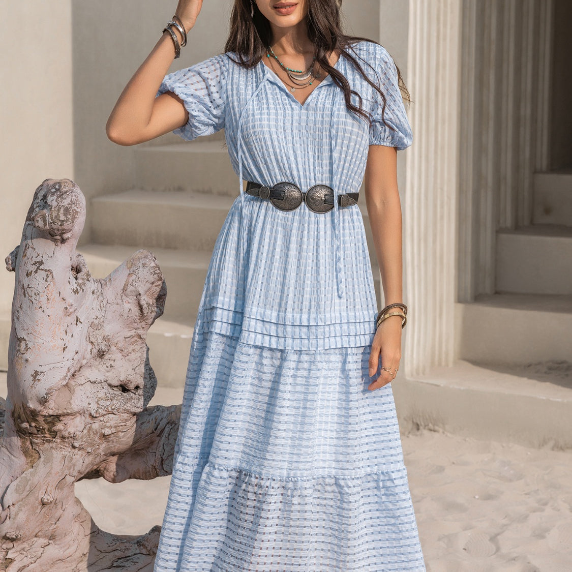 Tie Neck Balloon Sleeve Tiered Dress
