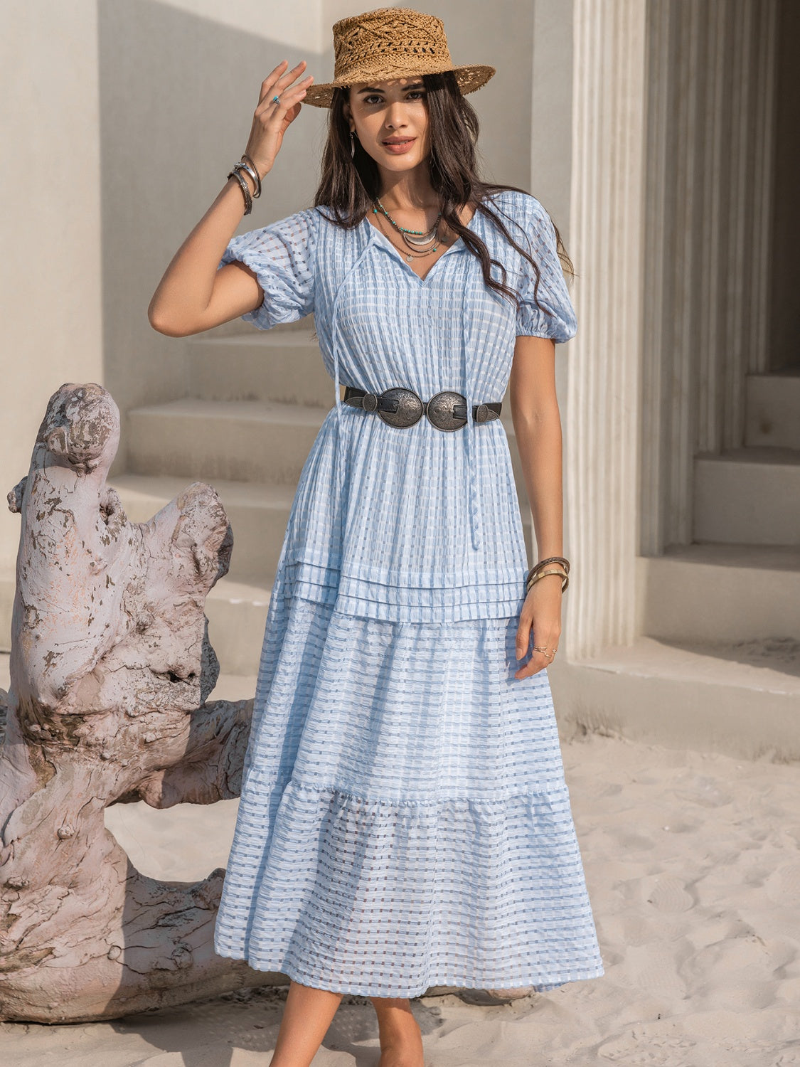 Tie Neck Balloon Sleeve Tiered Dress
