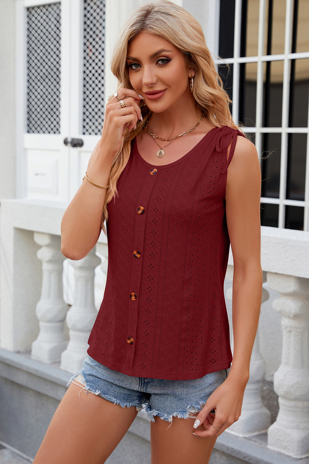 Eyelet Round Neck Wide Strap Tank
