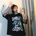 Spring sports fake two-piece hedging cartoon T-shirt women loose
