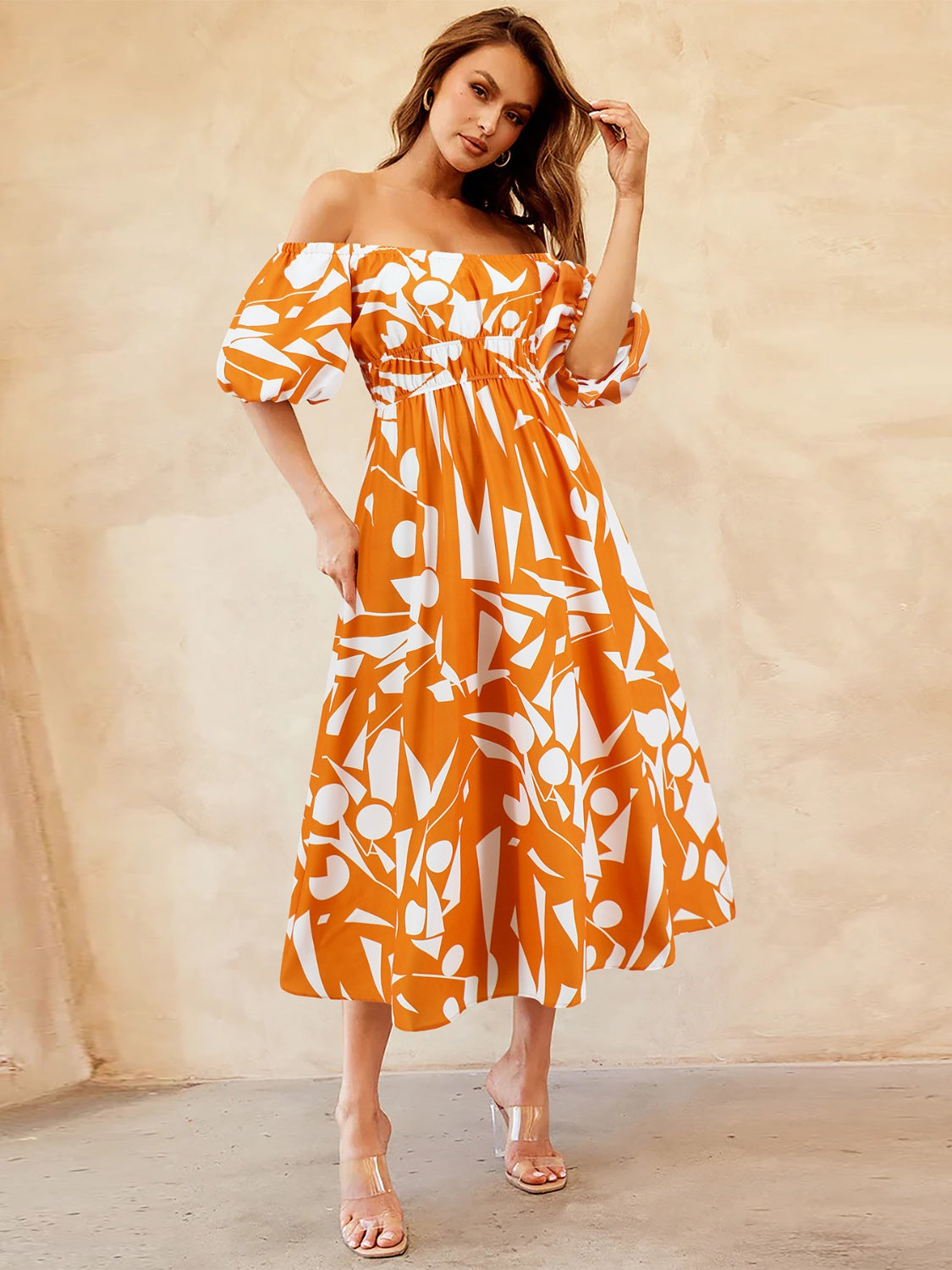 Printed Off-Shoulder Balloon Sleeve Dress
