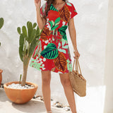 Drawstring Printed V-Neck Mini Dress
