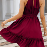 Ruched Grecian Neck Tie Waist Mini Dress
