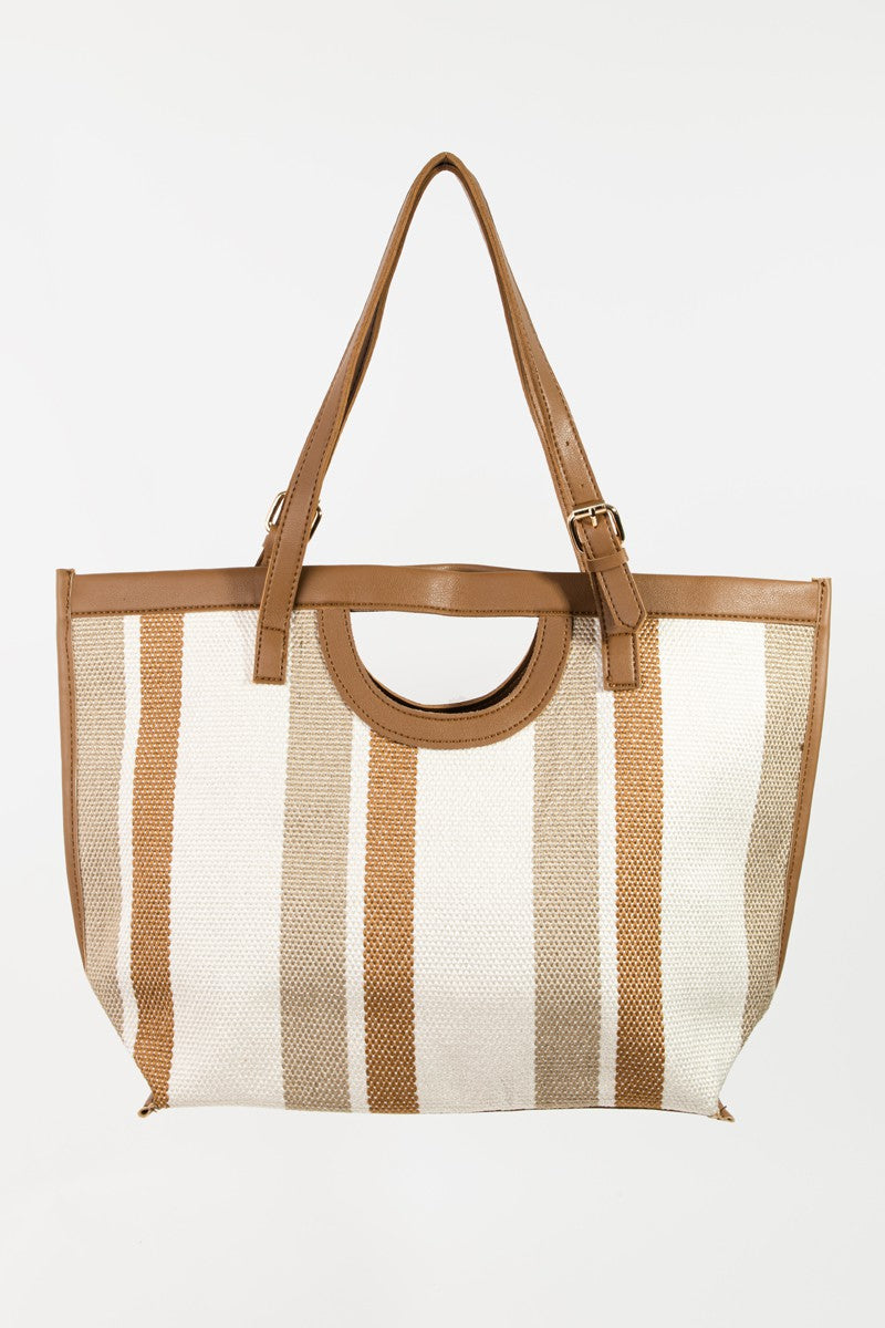 Fame Striped PU Leather Trim Tote Bag
