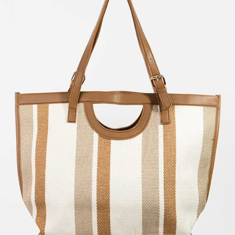 Fame Striped PU Leather Trim Tote Bag
