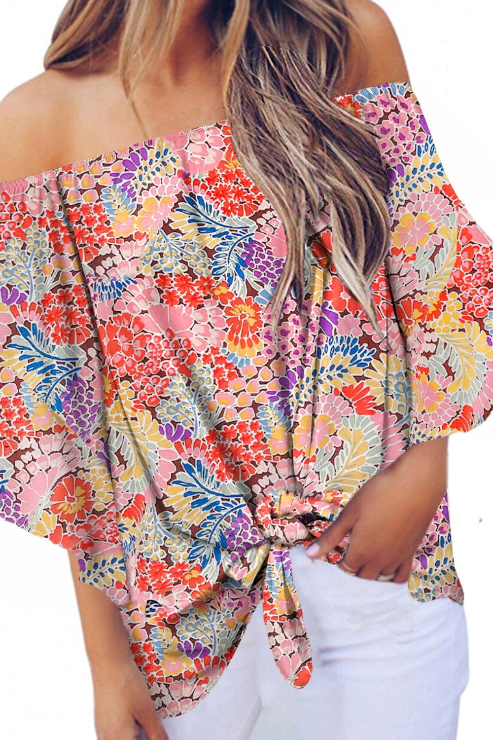 Tied Printed Off-Shoulder Half Sleeve Blouse
